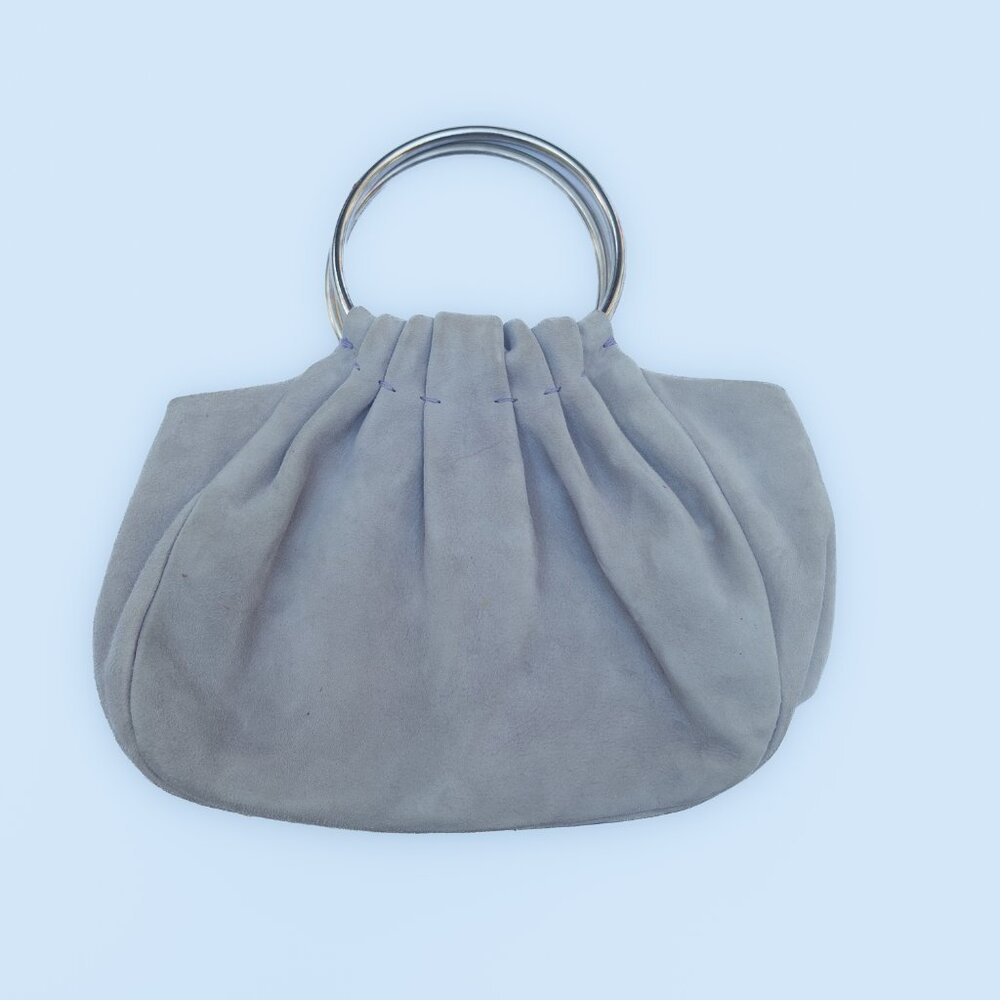 Small Grey Suede Pleated Designer Handheld Bag With Metal Rings